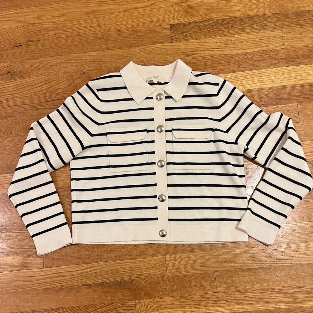 Sezane Betty cardigan in navy blue and ecru stripe - Picture 3 of 9